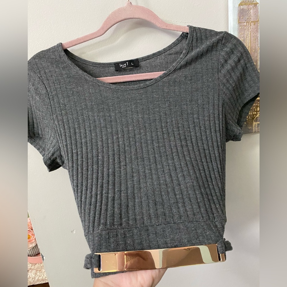Gray cropped top with gold metal belt attached